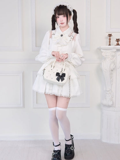 Adorned Blouse Illusion with Strap Details Buckle Neckline White Kei Jirai