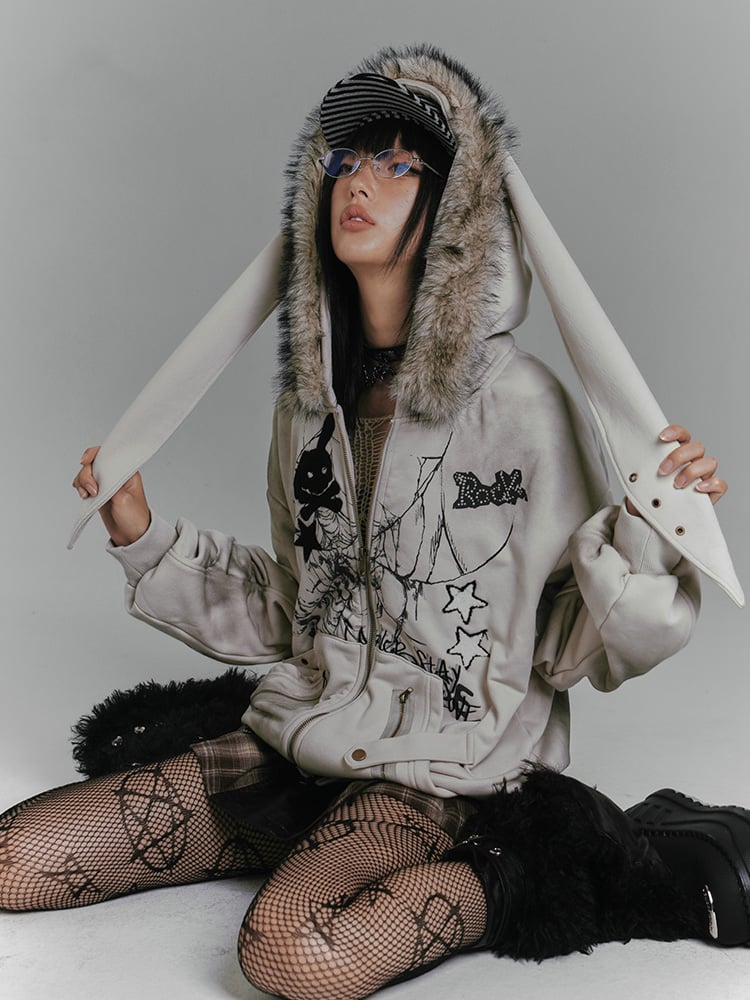 Spiderweb and Skeleton Gray Punk Rock Bunny Ears Winter Zip Hoodie