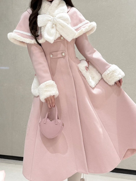 Pink Cape Scalloped Edge Trim Lolita Coat with Plush Bowknot Scarf