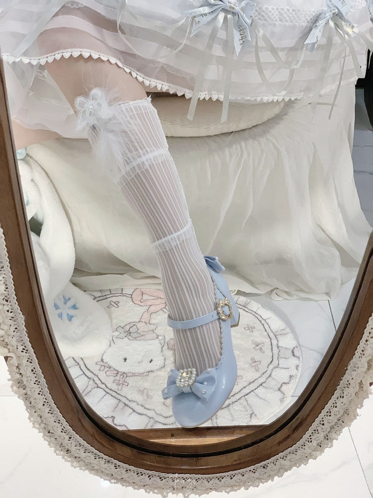 Round Mary Toe Decorated Lolita Rhinestone And Details Bowknot Janes Beaded Blue Shoes