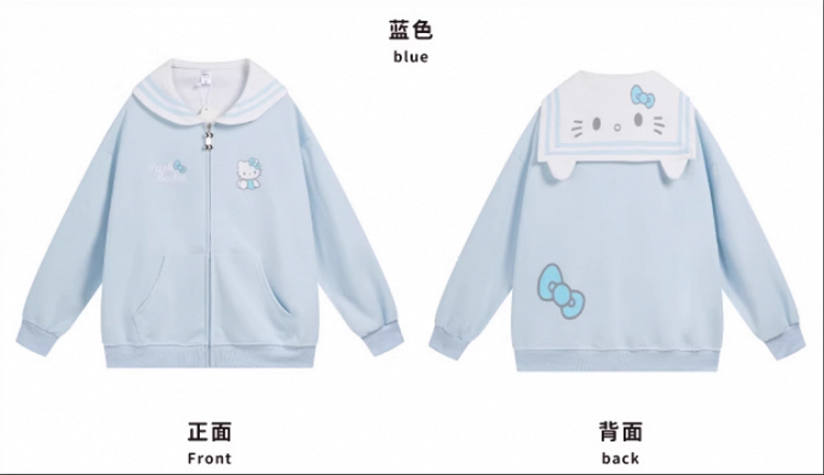 Pink/Light Blue/Grey/Black Kitty Print Sailor Collar Zip Closure Thick Sweatshirt