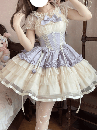 Train Beige and Purple Big Corset Sweet Lolita Balletcore Dress Waist Lace-up with Bow JSK