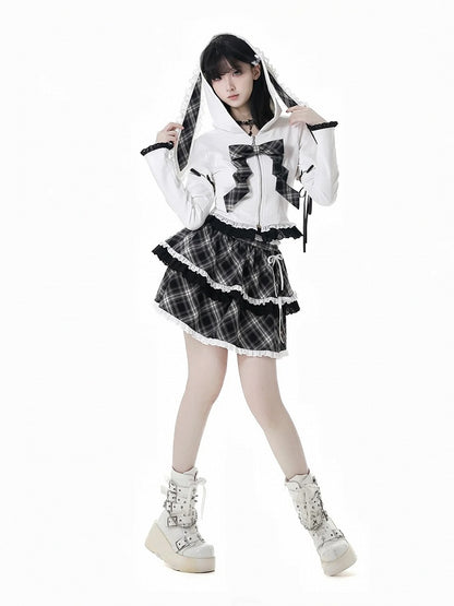 Lace-up Lace Trim Bunny Ears White/Black Design Hood Zip Closure Hoodie Sleeves Detachable