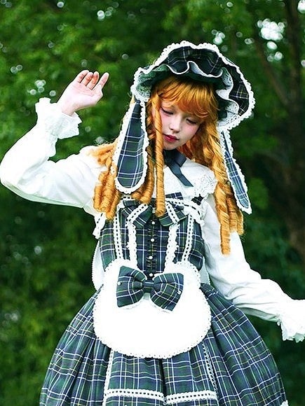 Lolita Bonnet and Bunny Ears Bow Plaid Red/Green with Details
