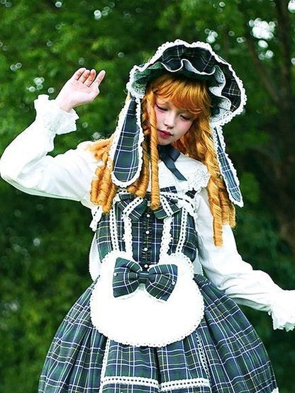 Lolita Bonnet and Bunny Ears Bow Plaid Red/Green with Details