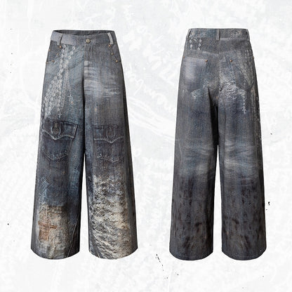 Print Lace Jeans Cut Wide-leg Blue Chain Punk Wasteland Details