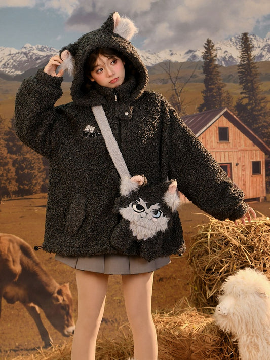 Coat Ears Hooded Fleece Wolf Gray