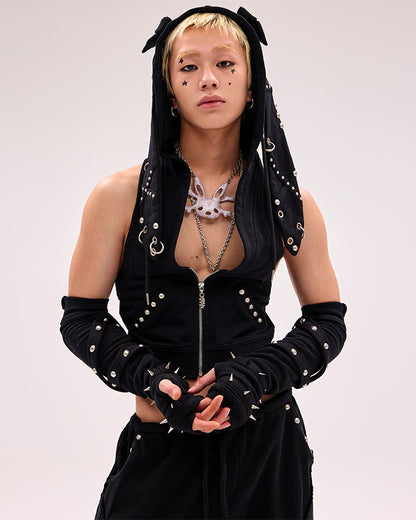 Criss-cross Straps Studded Gloves Black/Gray/Pink