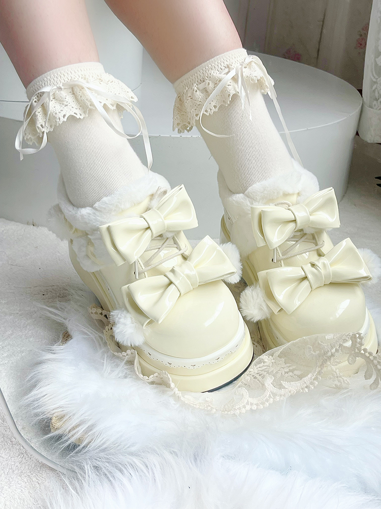 Lolita Creamy Yellow Cute Heart Bowknot Platform Shoes With Pompons