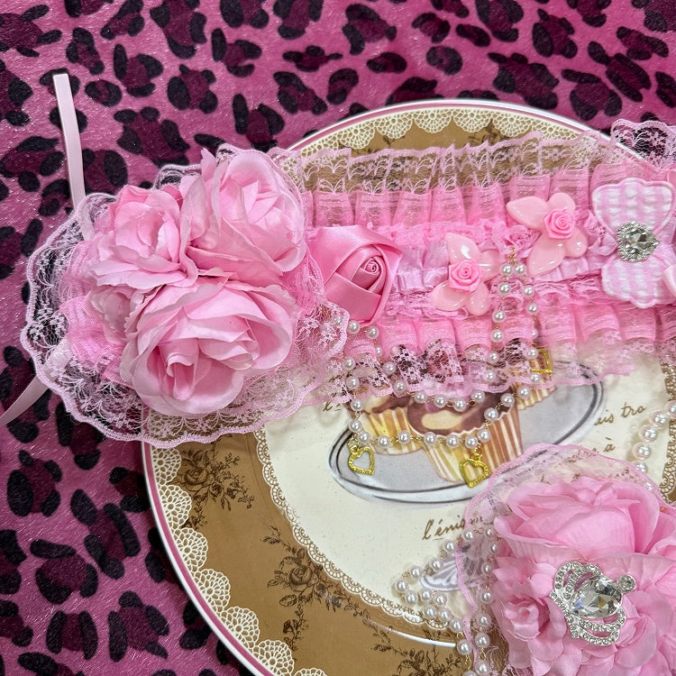 Beaded Charm Design Floral Hairband Heart Ruffled Pink And