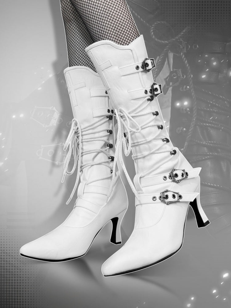 Gothic White Lace-up Detail Pointed Toe Punk Boots