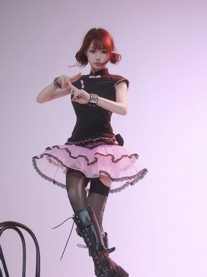 Jupe en tulle à volants et taille léopard rose