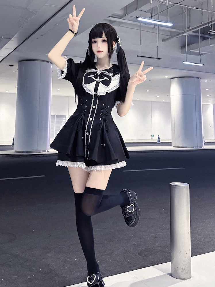 Jirai Embellished Kei Set White Lace-up Waist Rhinestones Mini Dress+Shorts Black Details