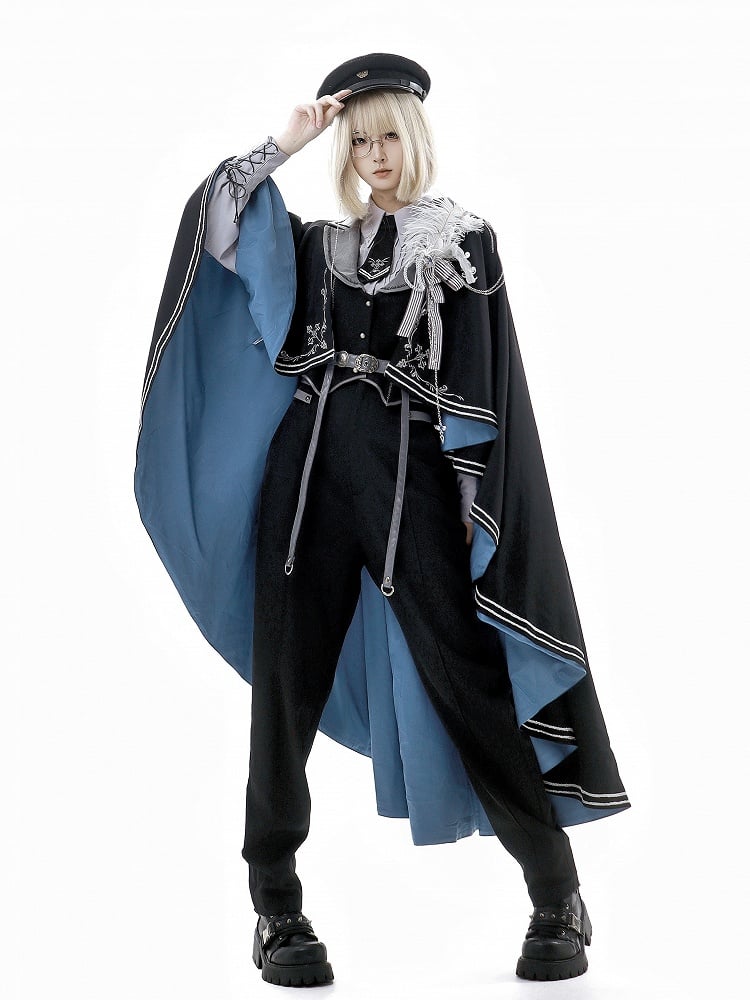 Military Waistcoat Black Pants Sleeves Shirt Gray + Lolita Prince Outfit-Long Fashion Ouji Waist High And