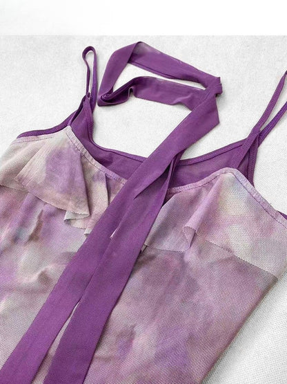 Purple Hem Asymmetrical Ruffles Top Design Dye + Tie Cami Scarf Y2K Trim