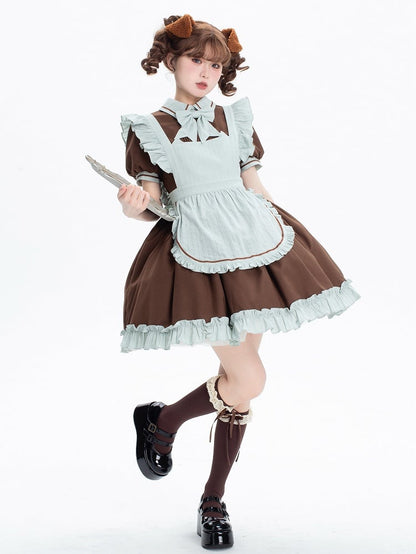 Dress Puff Short Lolita Sleeves Brown Kitty Mint Green + Maid and Apron