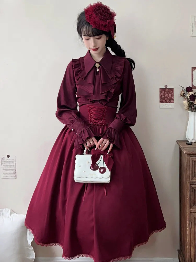 Boned High Reversible Lolita Red Belt Elegant Skirt Corset Waist