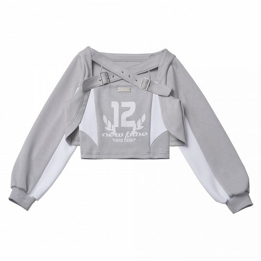 Gray  Cami White Design Set Colorblock Graphic Top Criss-Cross Buckle Straps Cardigan