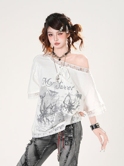 Loose Asymmetrical Neckline Lace Trim Butterfly Print Black/White T-shirt