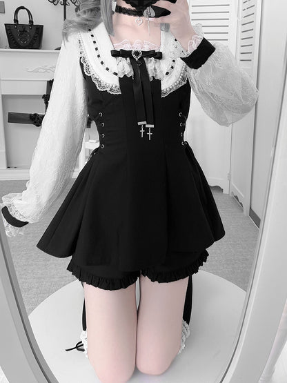 Kei Plaid Set: Matching Black Tie Jirai Shorts with Mini Dress Two-Piece Collar Beaded Waist / Side