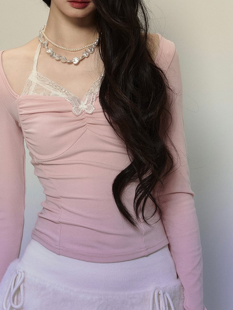 Pink Lace Butterfly Cutout Halter Neck Long Sleeves Top