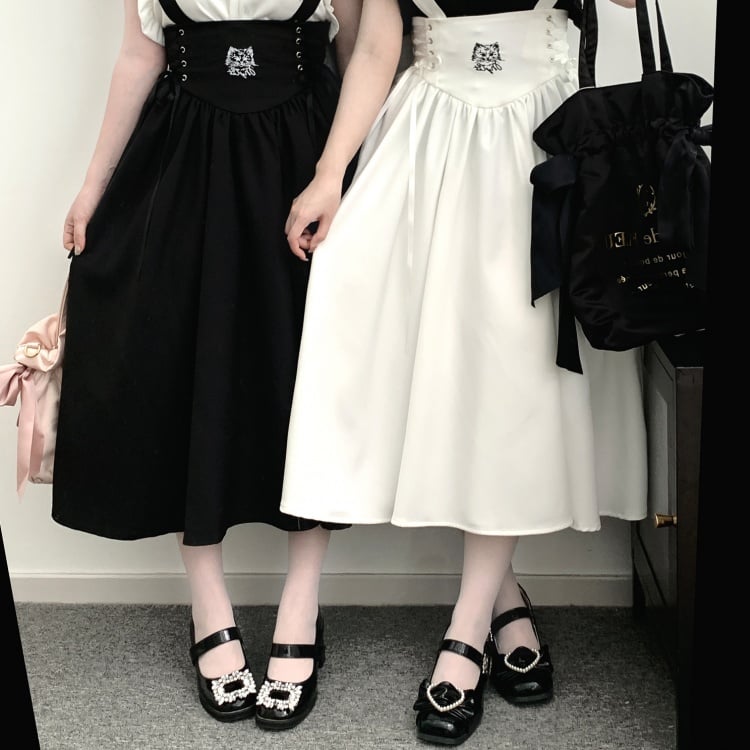 Black White Kitty Jirai Kei Overall Dress Lace-up Detail