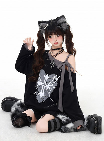 Black Asymmetrical Neckline Self-tie Strap Heart and Cross Print Sweatshirt