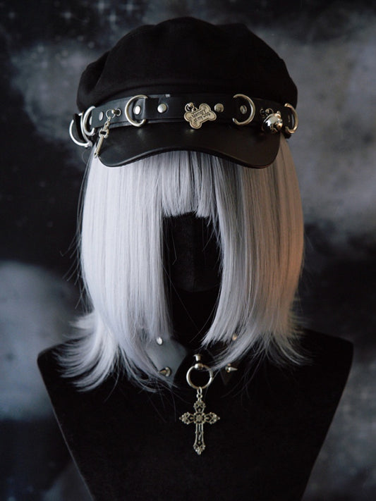 Baskenmütze, Kreuz, Hut und Details, Charme, Gothic, Knochen, schwarze Nieten