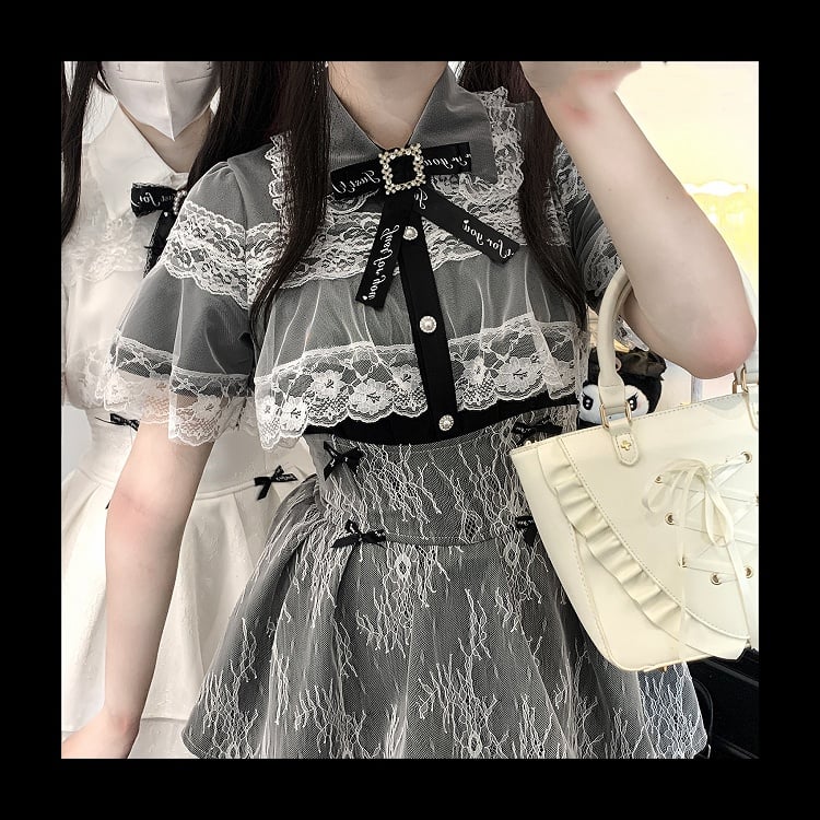 Jirai Kei Black/White/BlackWhite Lace Cape Design Short Sleeves Blouse