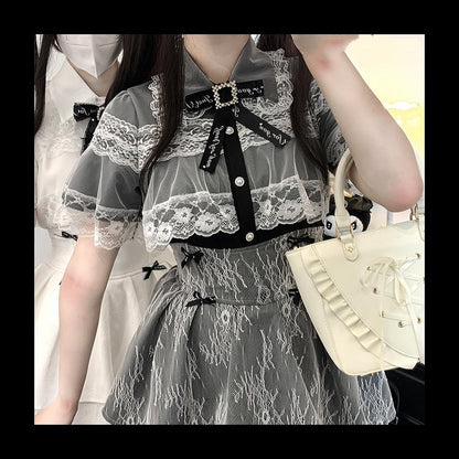 Jirai Kei Black/White/BlackWhite Lace Cape Design Short Sleeves Blouse