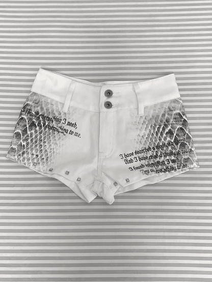 White Low-Rise Snakeskin Print Mini Shorts