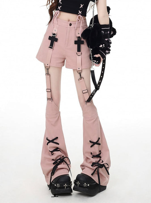 Leg Warmers Pink Cross Embellished Shorts with Lace-up Detail Detachable