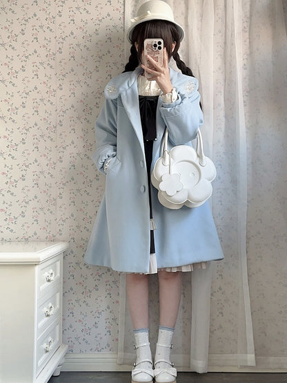 Blue Delicate Floral Round Flat Collar Woolen Coat