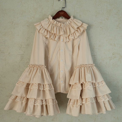 Apricot Ruffle Neckline Layered Bell Sleeves Blouse