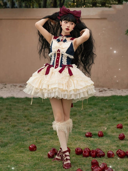 Dark Blue and Red Detachable Collar Qi Tiered Ruffles Jumper Skirt