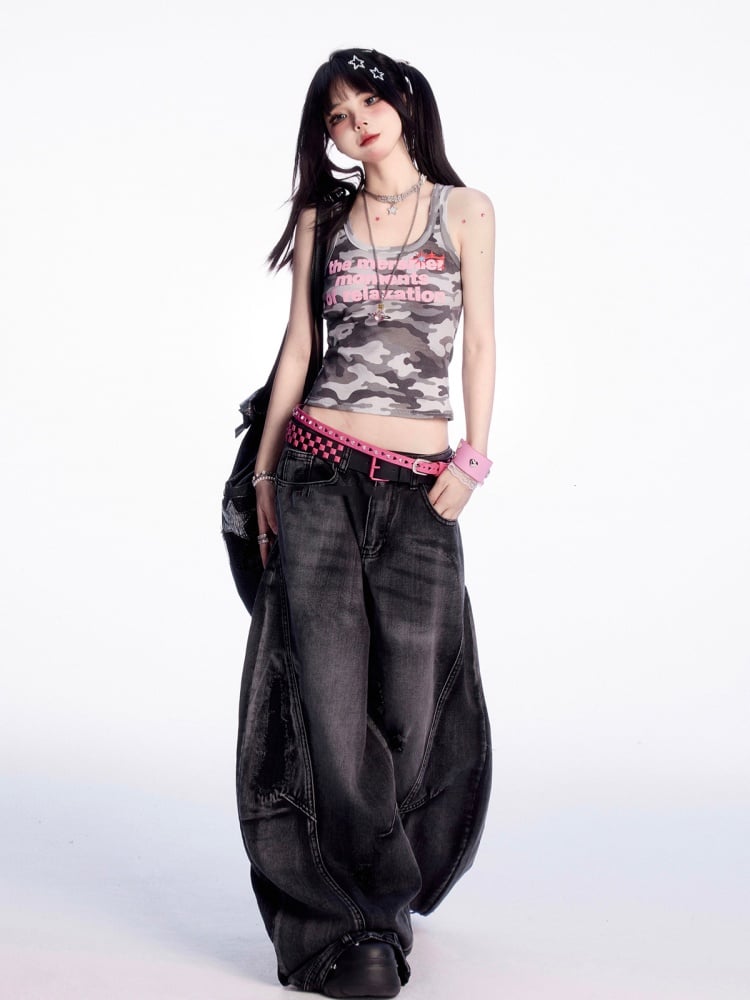 Tank Top Camouflage Letter Print Slim-Fitting Vintage