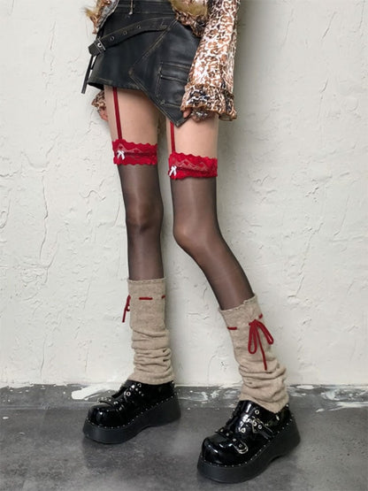 Black Red Y2K Bowknot Lace Suspender Tights