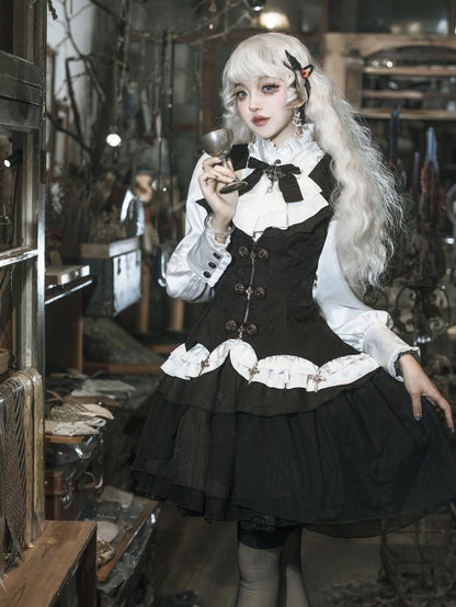 White and Black Gothic Lolita Outfit Shirt + Cross Charms Curved Hem Waistcoat + Spider Web Fabric Skirt Full Set