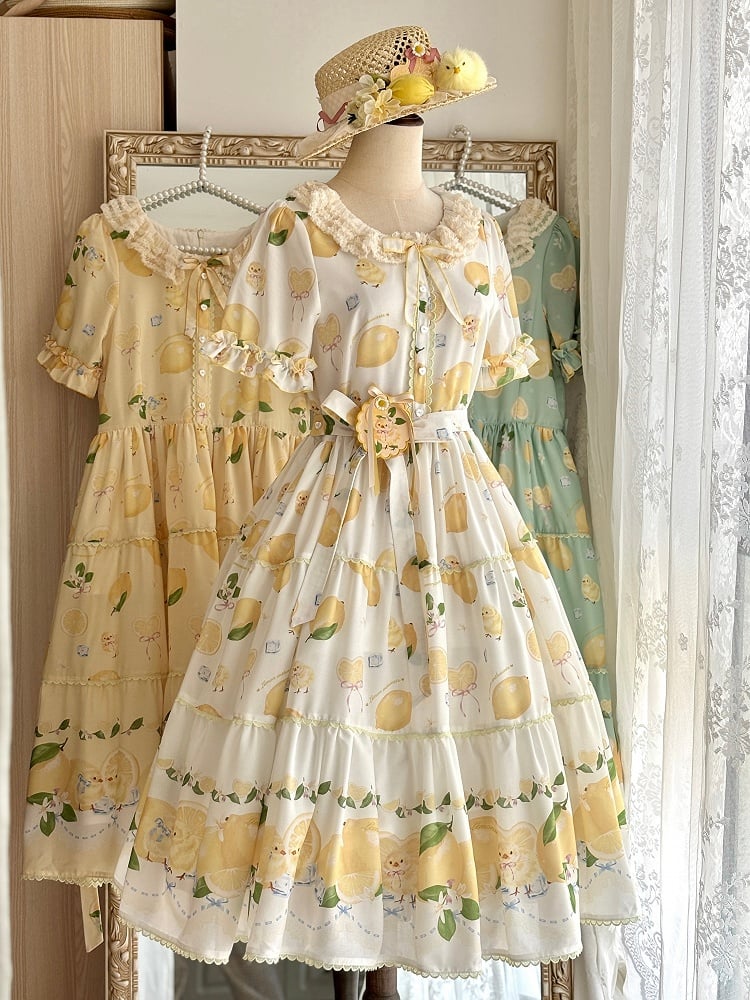 Chick Sleeves for Short Summer White Lolita Dress Print and Lemon Spring