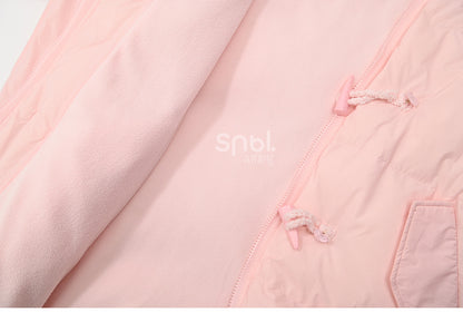 Pink Hooded Down Bowknot Horn Shaped Button Coat