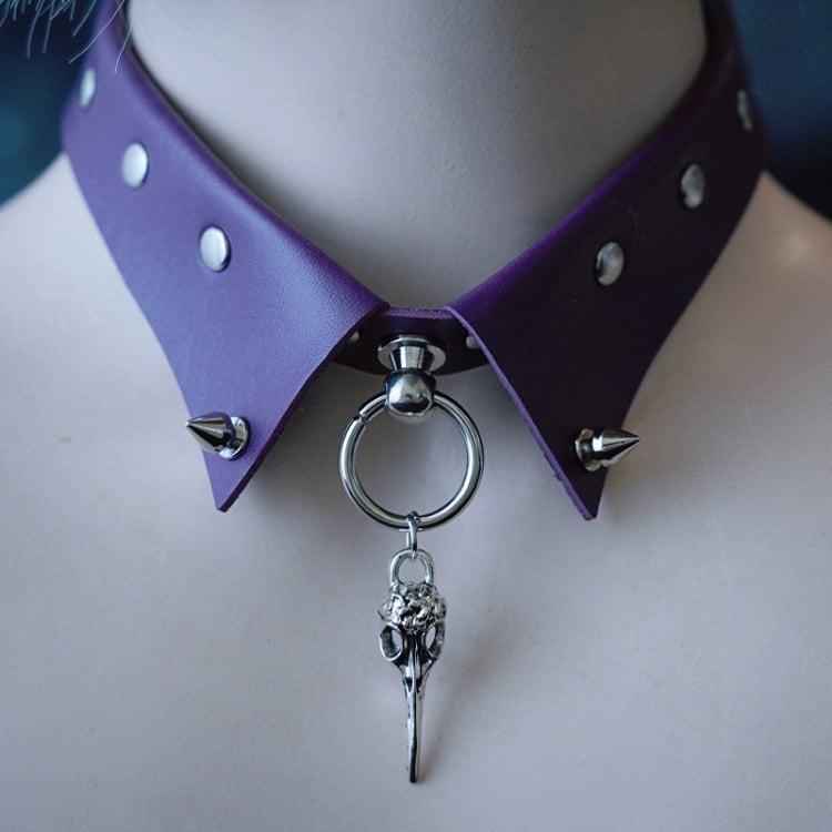 Bird Gothic Details Studs Bone Purple Pendant Choker Silver