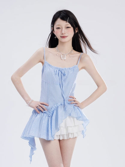 Cami Top Blue Striped Pattern Asymmetrical Hem