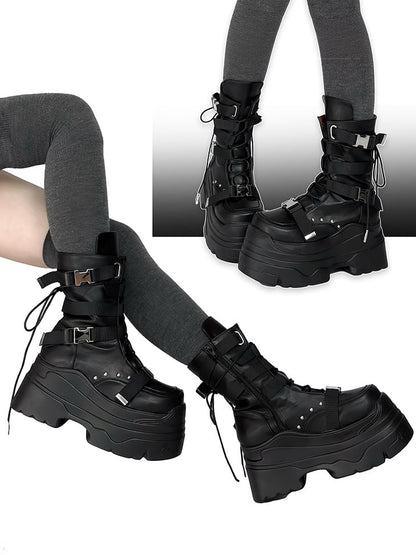 Matte Black Punk Stud Bandage Lace-up Details Platform Boots