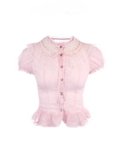 Puff Sleeve Top Pink Chiffon Polka-dot