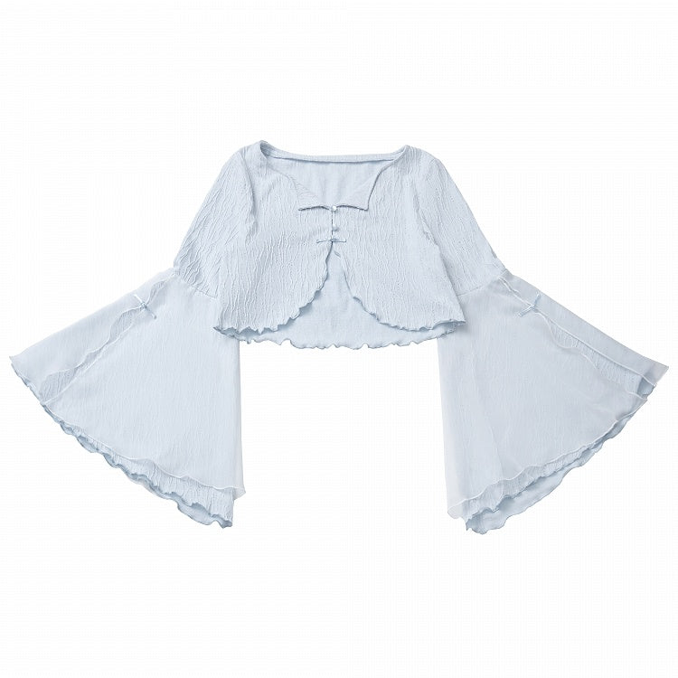 Free Top Knot Cheongsam Style Cropped Cami Buttons Bell Sleeves Blue Cardigan