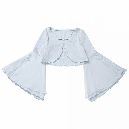 Free Top Knot Cheongsam Style Cropped Cami Buttons Bell Sleeves Blue Cardigan