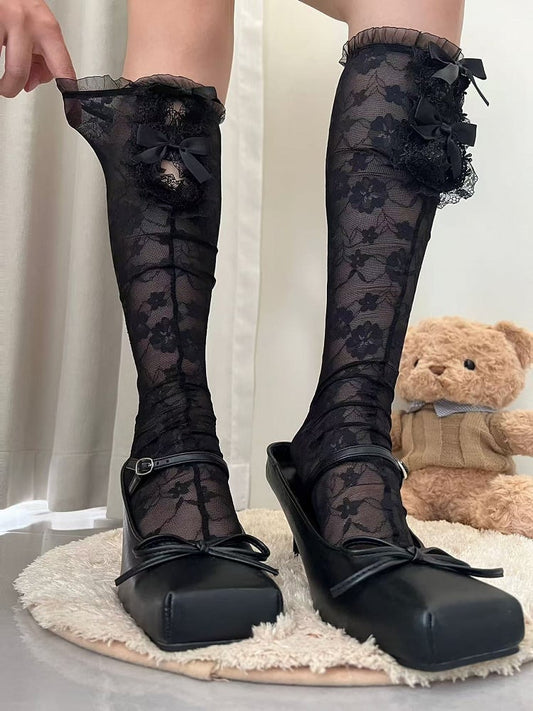 Pattern Floral Stockings Underknee Y2K Bowknot Black Semi-sheer Details