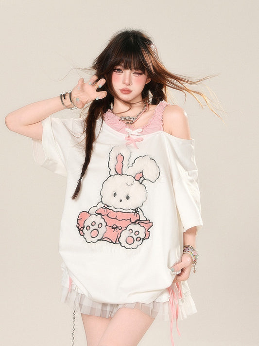 T-Shirt Pattern Adorable Cutout Shoulder Drawstring Waist Bunny White Loose