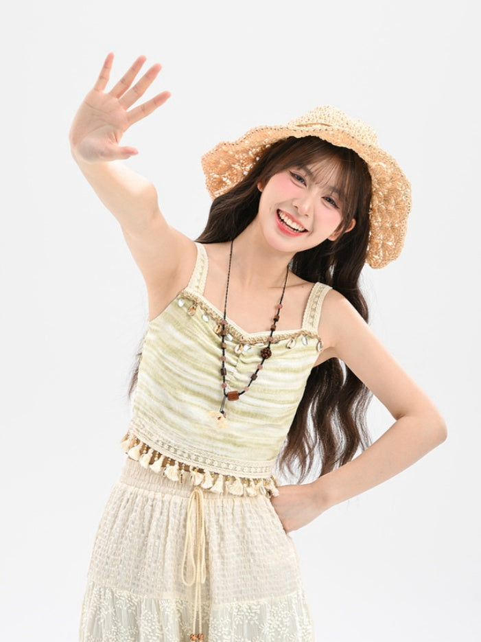 Cami Top Tassel Shell Charm Green Slim-fitting Hem