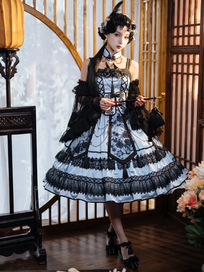 Robe élégante de style chinoiserie bleue et noire + ceinture corset à baleines + ensemble Qi Lolita JSK superposé à pompons